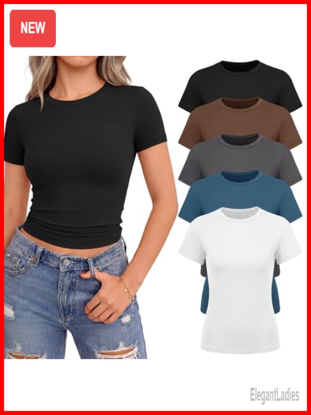 5 Pack Women's Short Sleeve Crop Tops Slim Fit Crew Neck Solid Basic Tees